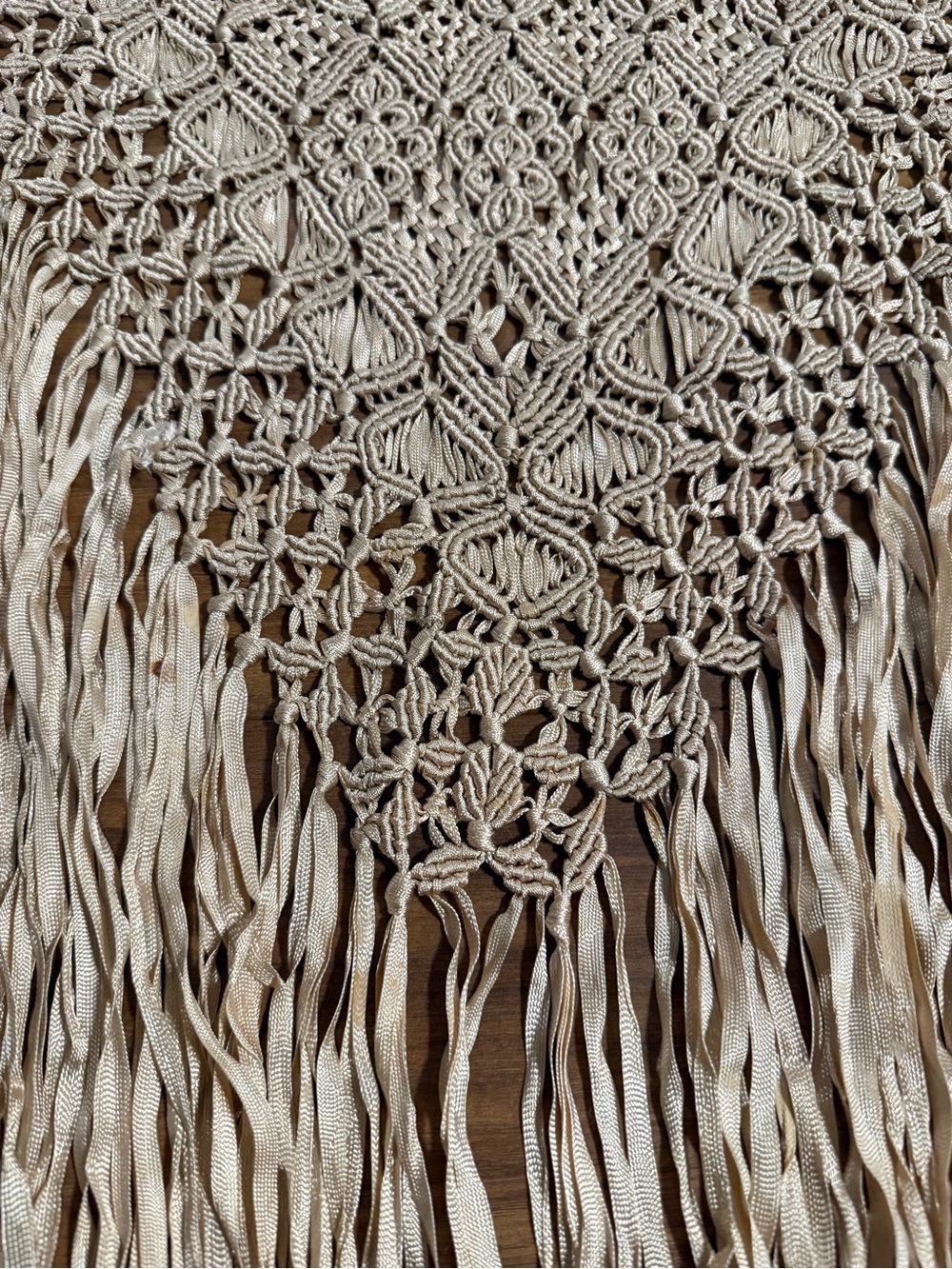 Hand-Knotted Macramé Fringe Triangle Shawl Wrap – Boho Festival Beige/Cream - Picture 3 of 10